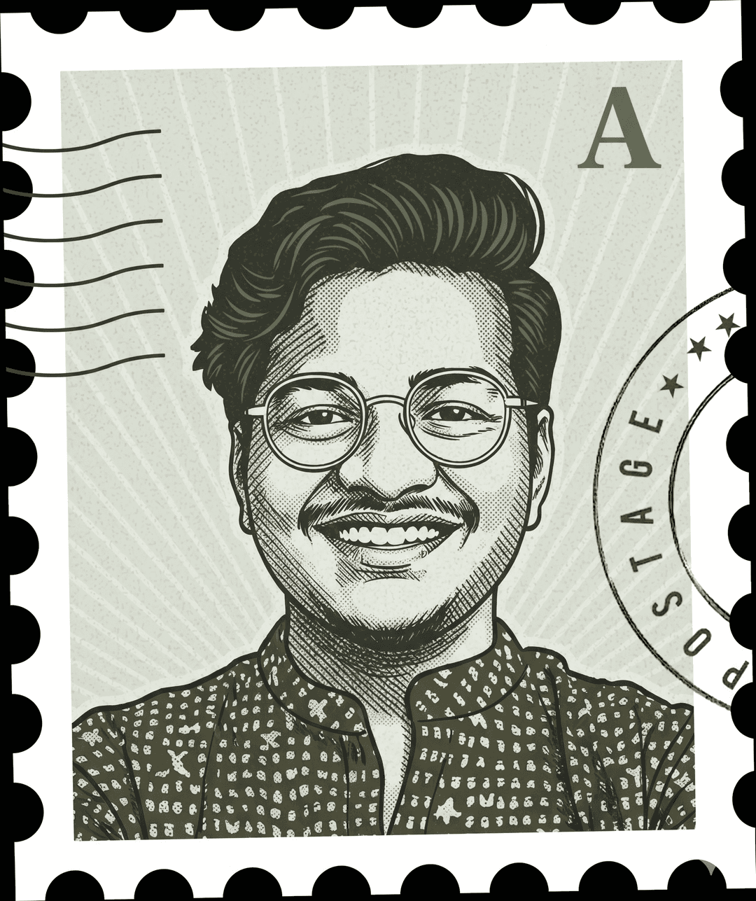 Engraved postage-stamp portrait of Abhishek Jaiswal